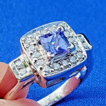 Tanzanite Diamond Deco Halo Style Engagement Ring Solitaire 14k Solid White Gold - $2,465.25