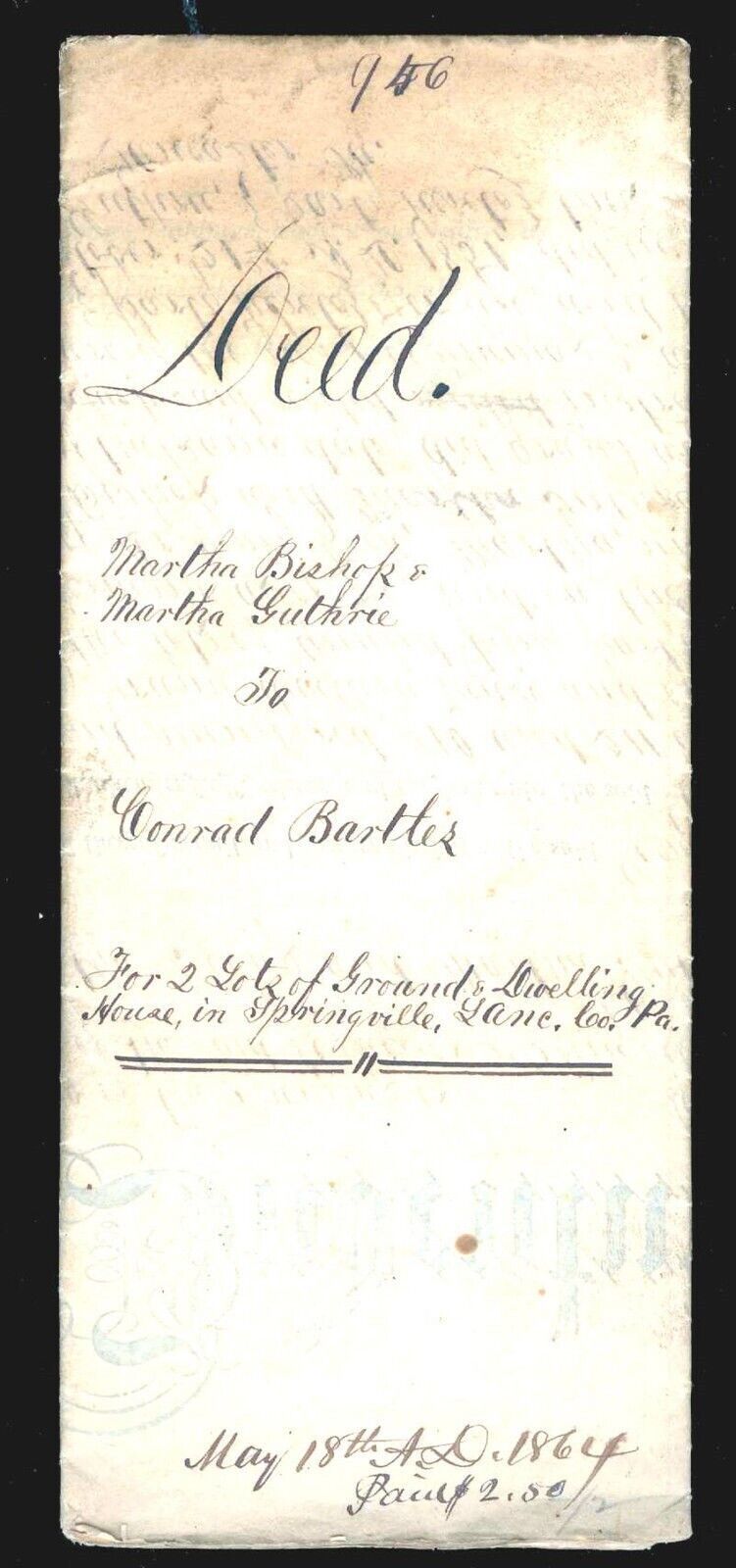 Primary image for 1864 antique DEED springville pa Joshua Martha BISHOP GUTHRIE Conrad BARTLES
