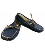 Lands End Moccasin Slippers Boys 2M Tan Navy Blue Suede Leather Faux Fur... - £14.05 GBP