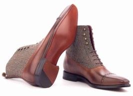 Oxford Stylish Upper Tweed Ankle Shoes, Lace Up Leather, Patina Cap Toe Shoes, - £151.86 GBP