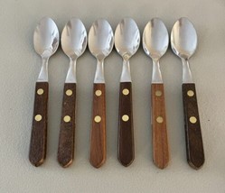 6 Vtg TRAMONTINA 6&quot; Stainless/Wood Handle Brass Demitasse Coffee Spoon Brasil - $23.64