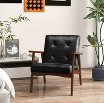 Mid Century Accent Chair Modern Solid Rubber Brown Wood Frame Black Leather - £100.45 GBP