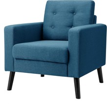 Modern Accent, Mid Century Armchair W/Rubber Wood Legs, Linen Single Sofa, Blue - £140.59 GBP