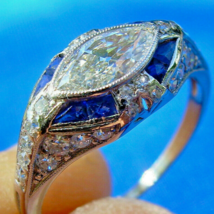 Eart mined Diamond Deco Engagement Ring Marquise Platinum Sapphire Solitaire 6 - $21,895.46 CAD