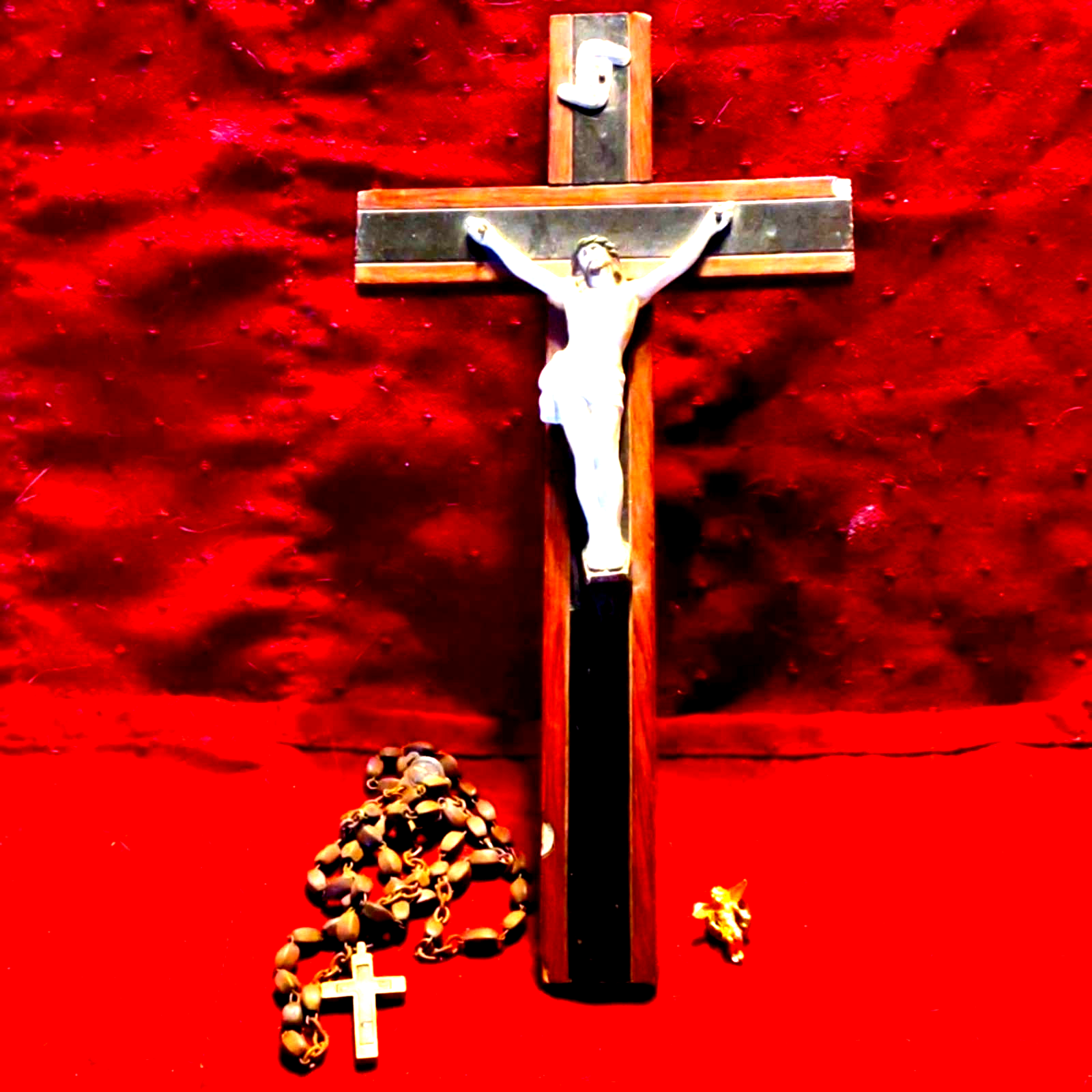 Very old antique cross and rosary along with a sweet gold Angel pin - $97.02
