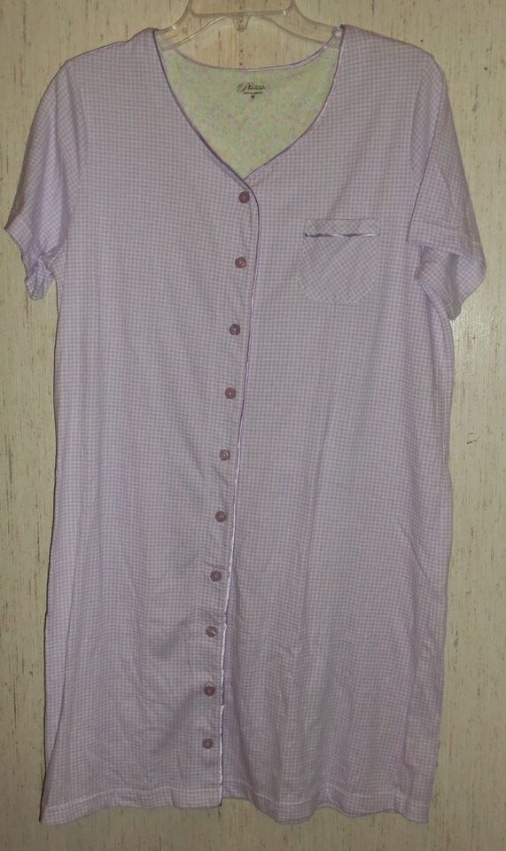 EXCELLENT WOMENS LILAC &amp; WHITE GINGHAM CHECK KNIT SLEEP SHIRT / NIGHTGOW... - $15.85