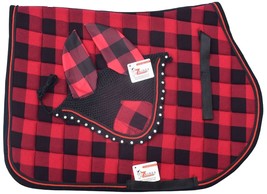 Buffalo Plaid English Saddle Pad Fly Bonnet Special gift Handmade Zainee Sports - £36.36 GBP