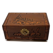 Hand-Carved Wooden Jewelry Box Mirrored Lock Brass Hardware Vintage - $21.75