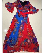 Floral BLUE and Red Maxi Dress Size L WITH SELF FAB BELT NEW WITH TAG LINED - $26.34 CAD