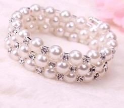 New Elegant 3 rows adjustable Czech Crystal &amp; Faux Pearl Beads Bracelet - £4.81 GBP