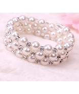 New Elegant 3 rows adjustable Czech Crystal &amp; Faux Pearl Beads Bracelet - £4.69 GBP