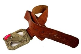 Vintage Hand Tooled Leather  Belt Huge Gun in Holster Buckle 1970S Size ... - $41.73