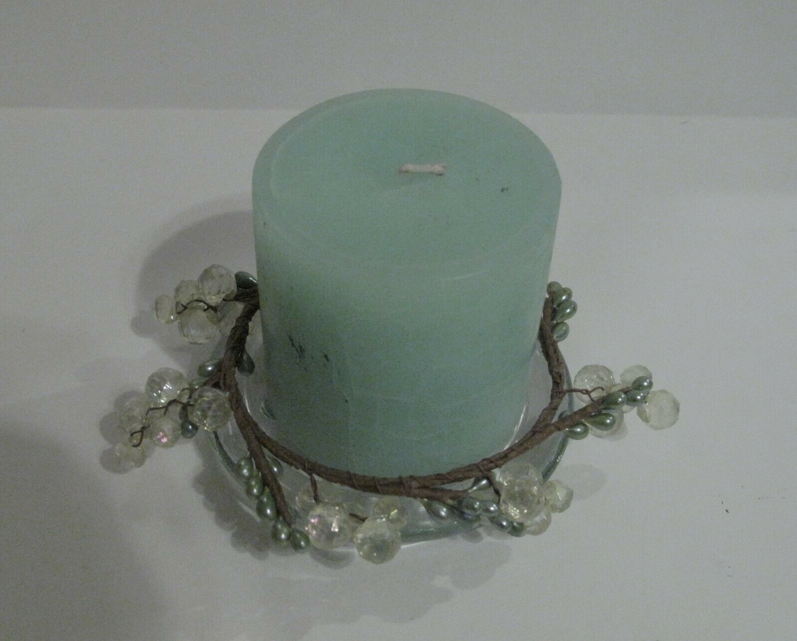Mint Green Candle with Glass Candleholder Plate  &amp; Decorative Beaded Tri... - $11.08