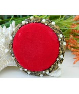 Vintage Ornate Sewing Pin Cushion Red Velvet Pearls Rhinestones - $27.95