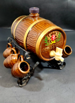 VINTAGE CERAMIC WHISKEY BARREL DECANTER WITH 6 SHOT GLASS MUGS MADE IN J... - $39.59