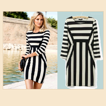 Italian Sexy Long Sleeve Figure Enhancer Striped Black and White Sheath Dress  image 1