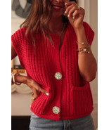 Fiery Red Solid Textured Knit Side Pockets Buttoned Sweater Vest - $31.21 CAD