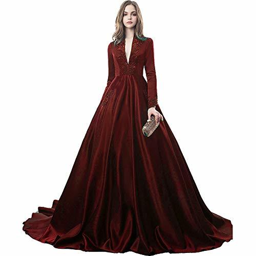 Plus Size Vintage Long Sleeves Beaded V Neck Evening Prom Dress Burgundy US 18W