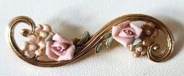 1928 Brand  Pin Brooch Pink Porcelain Roses Enamel Leaves Faux Seed Pearls - $22.95