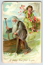 New Year Postcard Tuck Father Time Angel Boat Water 1909 Series 113 Embossed - £7.10 GBP