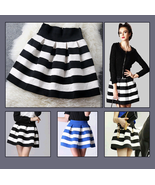 Pleated Fashion Stripe Short Skirt with Back Zip Up Black/White or Blue/... - £23.93 GBP
