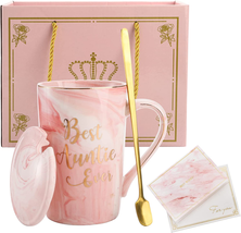 Best Auntie Ever Mug, 12 Oz Pink Marble Ceramic Coffee Cup with Gifts Box and Gr - £20.57 GBP