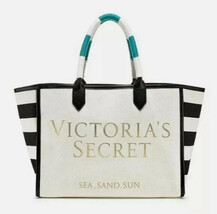 Victoria Secret Canvas Beach Shopping Tote Weekender Bag Cream black gol... - $19.95