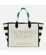 Victoria Secret Canvas Beach Shopping Tote Weekender Bag Cream black gol... - $27.36 CAD