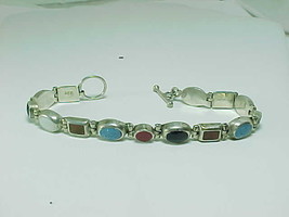 Lapis, Onyx,Turquoise, Red Jasper, Mother Of Pearl Vintage Sterling Bracelet  - £63.93 GBP