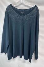 Catherine&#39;s Forest Green Tunic Top Tee 100% Cotton 3/4 Sleeve Beaded 3X ... - £19.37 GBP