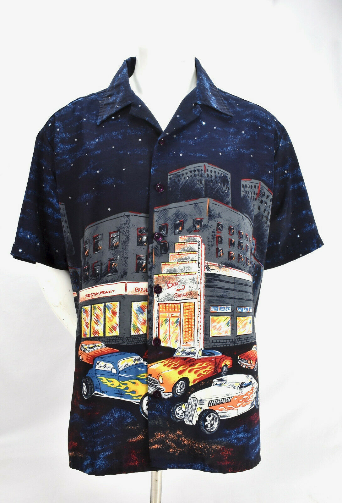 Primary image for Mens Kennington Hawaiian Aloha Shirt Drag Cars Hot Rod Night Life Size XL