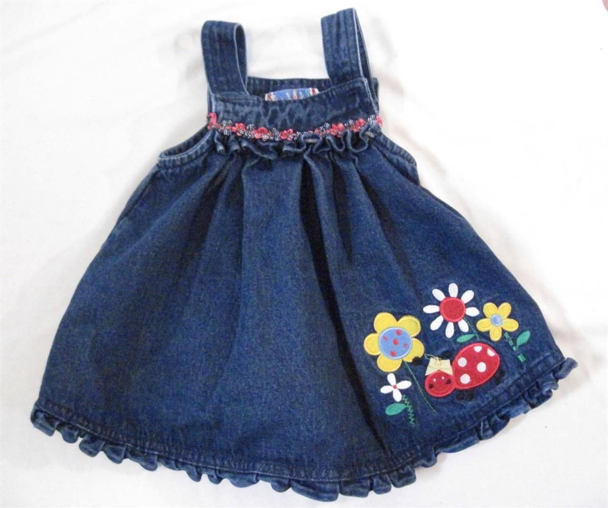 Baby Girl Size 12 MO Samara Denim Jumper Sundress Colorful Applique Trim Cotton - £7.04 GBP