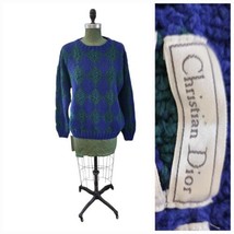 Vintage 80-90s Christian Dior Hand Knit Chunky Argyle Pullover Sweater L - $84.15