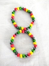 Rasta Red Yellow Green and Hematite Beads on Stretch Elastic Set of 2 Br... - $147.10 MXN