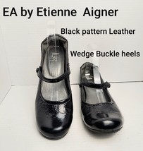 EA By Etienne Aigner Black Pattern Leather Buckle Wedge Heels Size 9 - £20.45 GBP