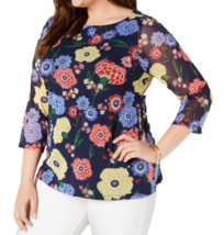 Charter Club New 0X Navy Blue Vibrant Floral Mesh Blouse Stretch Top - £12.77 GBP