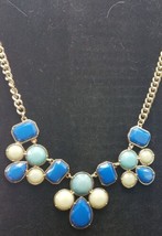 Vintage Silver Tone Blue Green &amp; Light Turquoise Statement Runway Neckla... - £15.17 GBP