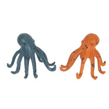 Set of 2 Weathered Cast Iron Octopus Tabletop Statues Blue and Coral - $26.01