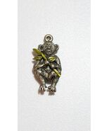 Vintage Monkey Charm Holding Green Bamboo Silvertone Pendant - $17.33