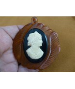 C-1530 vtg Woman Lady black white cameo 1950&#39;s orange round pendant neck... - $117.11 CAD