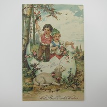 Easter Postcard Boy &amp; Girl Hatched White Egg Flowers Lamb Sheep Embossed Antique - £7.84 GBP