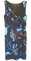 Ann Taylor Sz 6 Black Blue Floral Silk Stetchy Sleeveless Drape Neck Dre... - $19.79