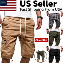 Men Casual Chino Cargo Shorts Elastic Waist Drawstring 6 Pockets Summer Trousers - £13.78 GBP+