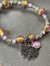 Light Pink &amp; Green w Yellow &amp; Pink Rose Bead Stretch Bracelet w MOM Charm – 2 an - £9.06 GBP