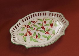 Ceramic Oval White Dish Plate w/ Pattern of Red Berries Leaves &amp;  Cut Ou... - $22.42 CAD