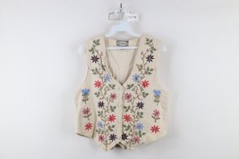 Vintage 90s Streetwear Womens Medium Embroidered Flower Button Vest Jacket Beige - £47.30 GBP