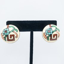 Round Colorful Clip On Earring Painted Flower Blue Green Red Gold Trim Hollow 1&quot; - £0.80 GBP