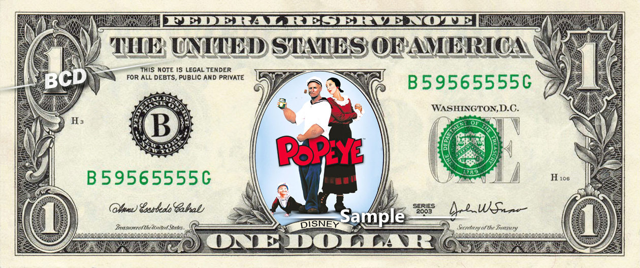 Popeye Movie on REAL Dollar Bill Cash Money Memorabilia Collectible Celebrity Ba - £7.13 GBP