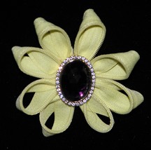 Yellow Statement Zipper Pin with Vintage Amythist Trimmed with Rhinestone  - £9.45 GBP