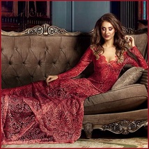 Red  Floral Sheer Stretch Lace Long Sleeve Transparent V Neck Long Train Gown 